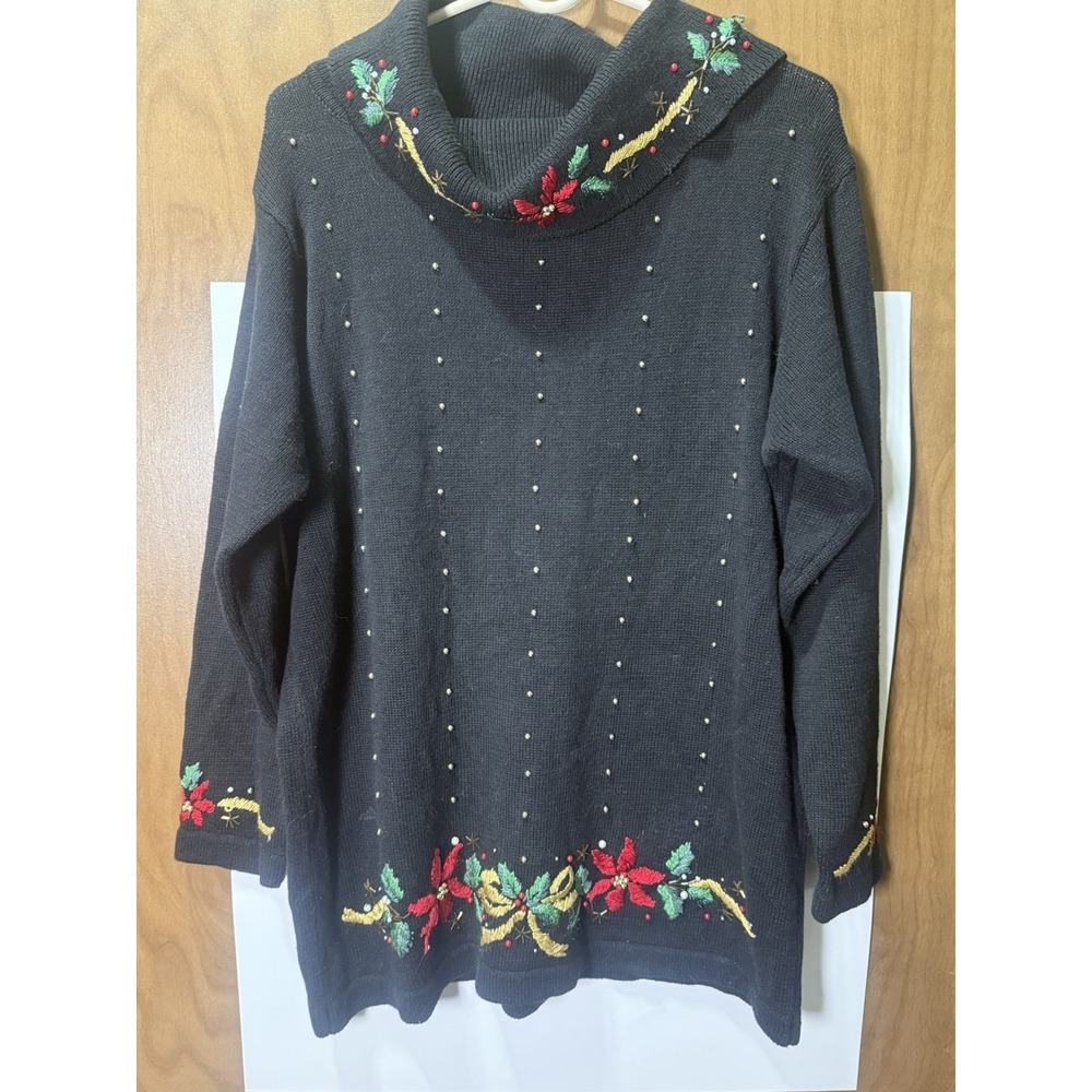 Victoria Jones Black Sequin‎ Beaded Sweater M Gold Red Green Vintage Sweater
